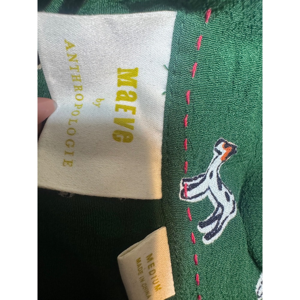 Maeve Anthropologie Green Dog Print Ruffle Collar Tie Front Blouse Medium - Picture 2 of 6